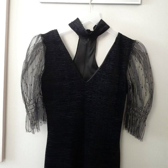 NWOT TFNC black & gold tulle sleeve choker velvet mini dress - Picture 10 of 13